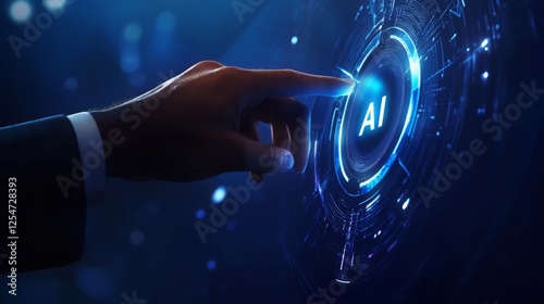 A hand reaches towards a glowing button labeled 