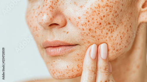 Caucasian woman gently touching her face, highlighting skin imperfections such as freckles, uneven skin tone, and potential sun damage, emphasizing the need for skincare photo