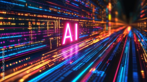 A vibrant representation of artificial intelligence, featuring bright, colorful lines and glowing 