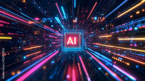 A futuristic depiction of AI, featuring vibrant lines and glowing colors radiating from a central 