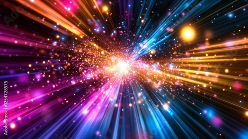 A vibrant explosion of colors, featuring beams of light and sparkling particles, creating a dynamic and energetic visual effect.