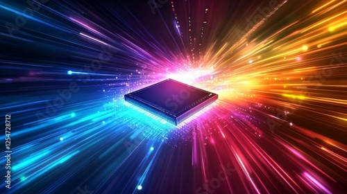 A vibrant, abstract representation of a computer chip surrounded by dynamic bursts of color, symbolizing speed and technology.