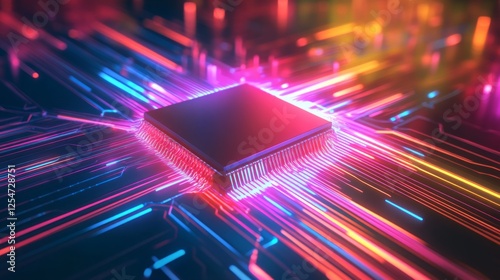 A vibrant, futuristic microchip surrounded by colorful light trails, symbolizing speed and technology in a digital world.