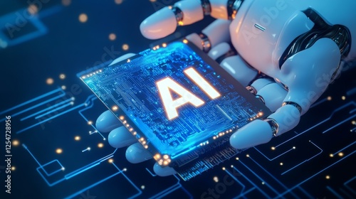 A robotic hand holds a glowing computer chip marked 