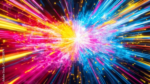 A vibrant explosion of colors, radiating blue, pink, and yellow light against a dark background, creating a dynamic sense of movement and energy.