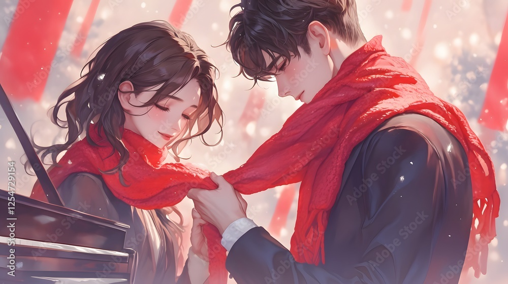 Naklejka premium A young man is helping his girlfriend tie her red scarf, with an extremely close-up shot of the neck and shoulders in high resolution, Generative AI