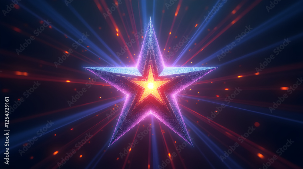 Glowing Starburst Background: Abstract 3D Render of a Vibrant Star with Blue and Red Light Rays for Celebratory Designs and Festive Wallpapers Glowing Starburst Background: Abstract 3D Render of a Vibrant Star with Blue and Red Light Rays for Celebratory Designs and Festive Wallpapers