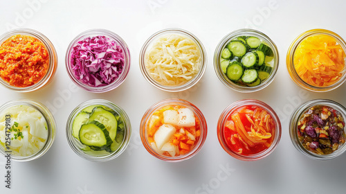 Assorted Fermented Vegetables in Glass Jars on White Background