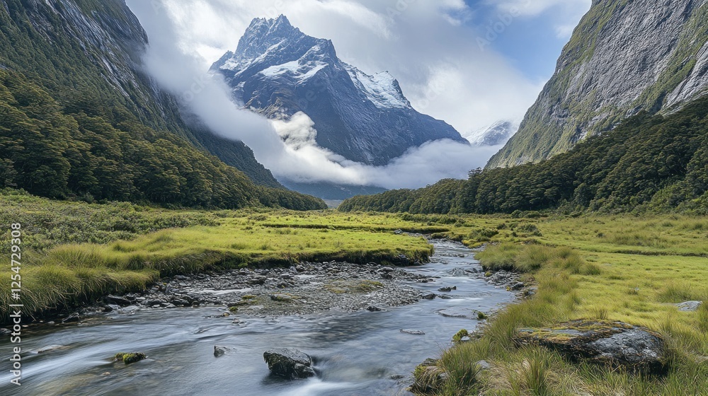 A tranquil mountain scene with a cool, flowing stream running through a green valley, and towering peaks in the background A tranquil mountain scene with a cool, flowing stream running through a green valley, and towering peaks in the background