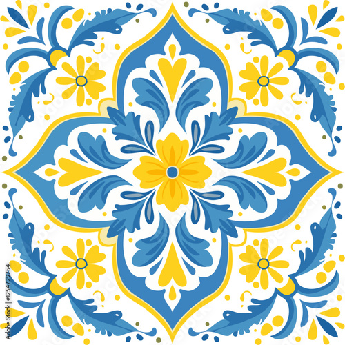 Traditional Azulejo ceramic tiles. Vector Italian print for fabric and wallpaper. Sicilian majolica in blue and yellow colors. Mediterranean style ornament.