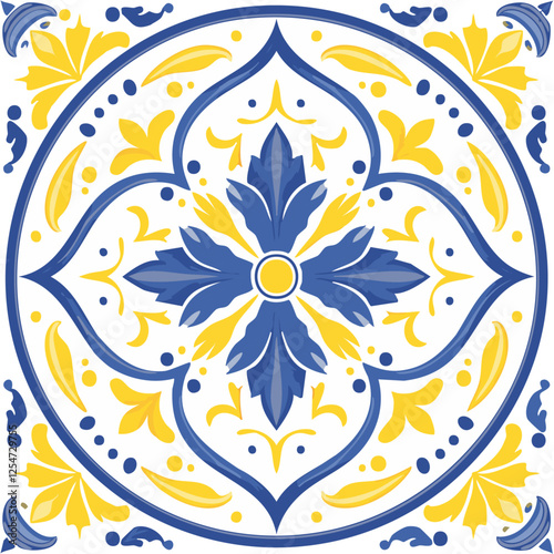 Traditional Azulejo ceramic tiles. Vector Italian print for fabric and wallpaper. Sicilian majolica in blue and yellow colors. Mediterranean style ornament.