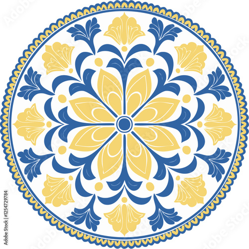 Traditional Azulejo ceramic tiles. Vector Italian print for fabric and wallpaper. Sicilian majolica in blue and yellow colors. Mediterranean style ornament.