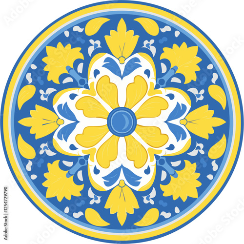 Traditional Azulejo ceramic tiles. Vector Italian print for fabric and wallpaper. Sicilian majolica in blue and yellow colors. Mediterranean style ornament.