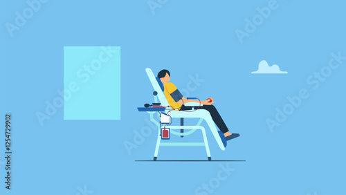 Vector illustration of a young man donated blood. Blood donation volunteer concept. Medical and charity, support health unknown person.