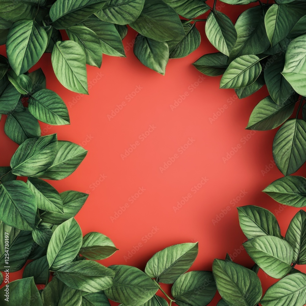 Fototapeta premium Green leaves frame on coral background, nature design, template