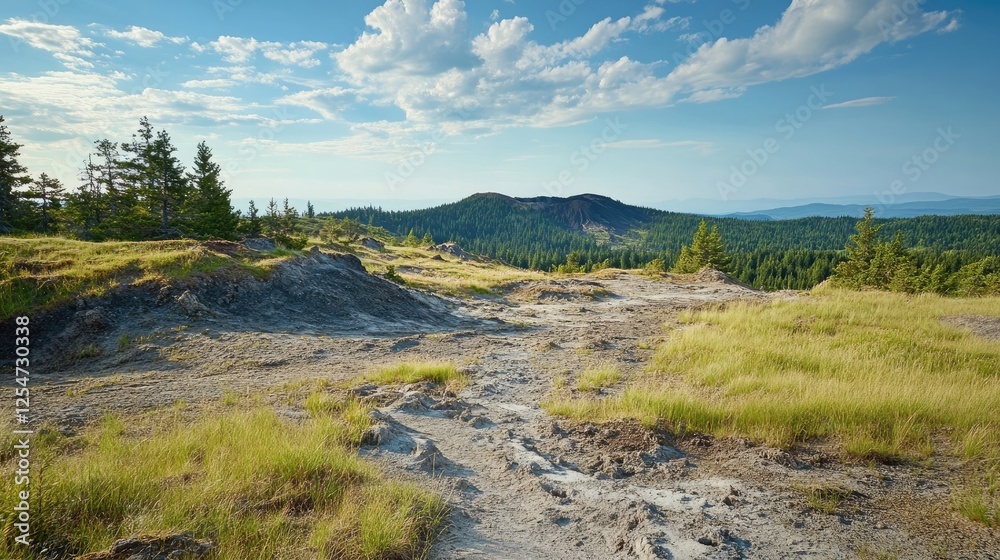 Rugged volcanic terrain with geothermal activity and hiking trails under a summer sky Rugged volcanic terrain with geothermal activity and hiking trails under a summer sky