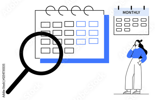 Calendar pages magnified by a magnifying glass with a person considering dates. Ideal for time management, planning, scheduling, organization, personal goals, deadlines, efficiency. Abstract line