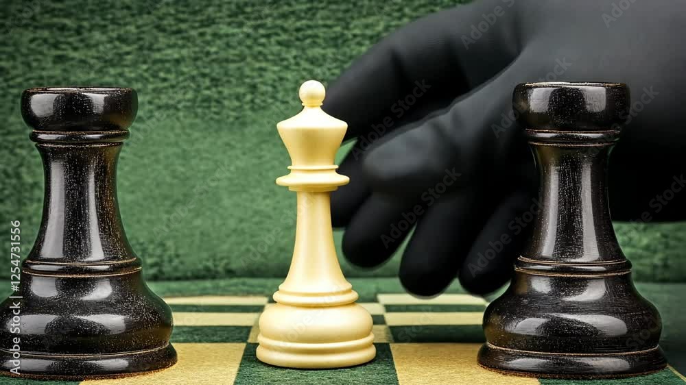 A close-up view of a hand in a black glove moving a white king piece in a chess game between two black rooks