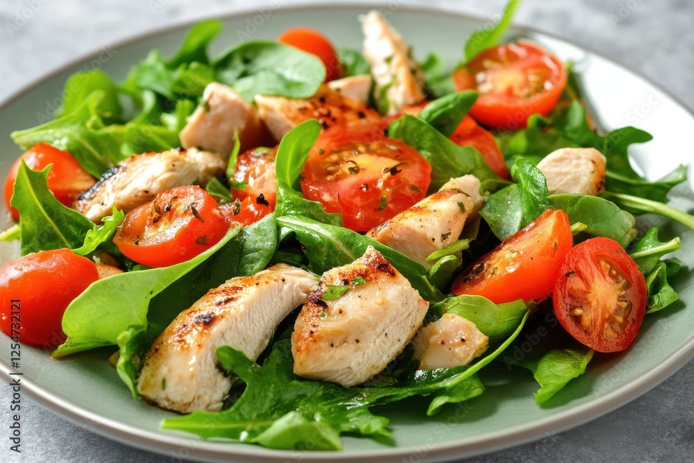 Grilled chicken salad with fresh arugula, cherry tomatoes, and a light vinaigrette. Grilled chicken salad with fresh arugula, cherry tomatoes, and a light vinaigrette.