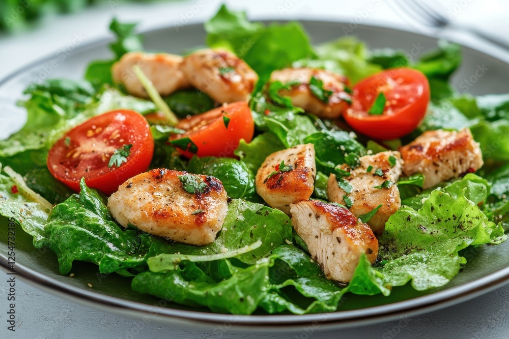 Grilled chicken salad with fresh lettuce, juicy tomatoes, and a light dressing. Grilled chicken salad with fresh lettuce, juicy tomatoes, and a light dressing.