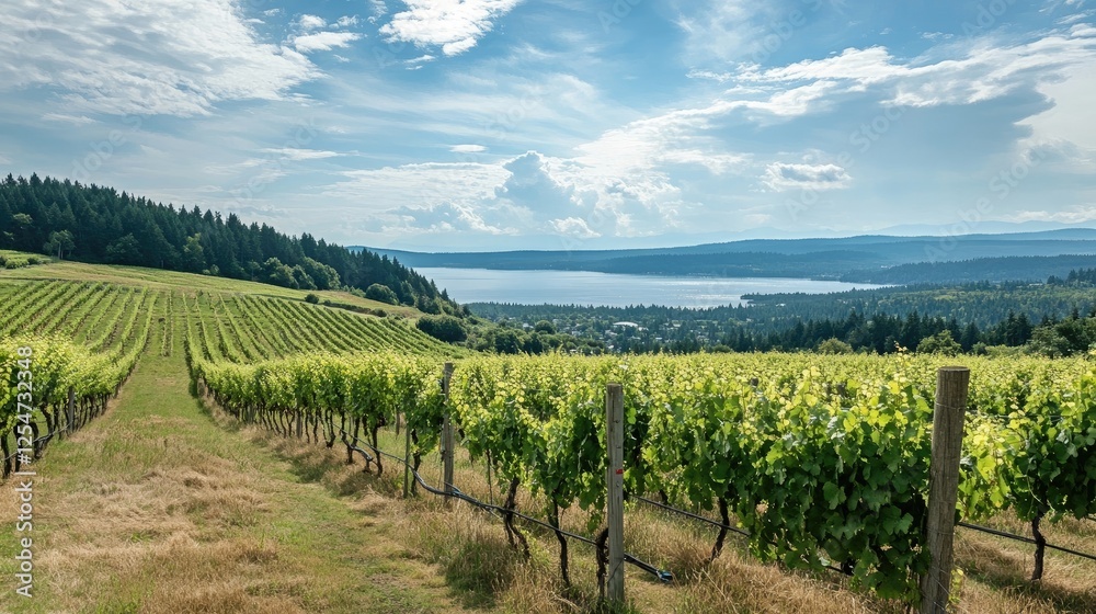 Fototapeta premium Scenic vineyards with rolling hills and distant water views