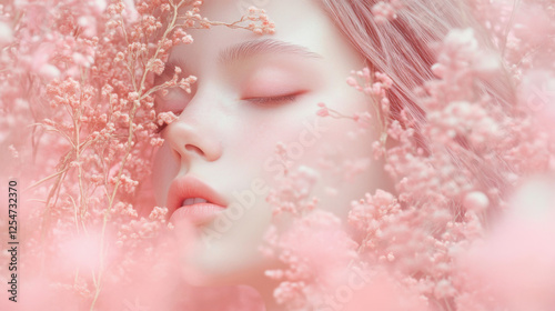 Serene Portrait of a Young Woman Surrounded by Delicate Pink Flowers, Capturing the Essence of Beauty and Tranquility Amidst a Dreamy Floral Landscape