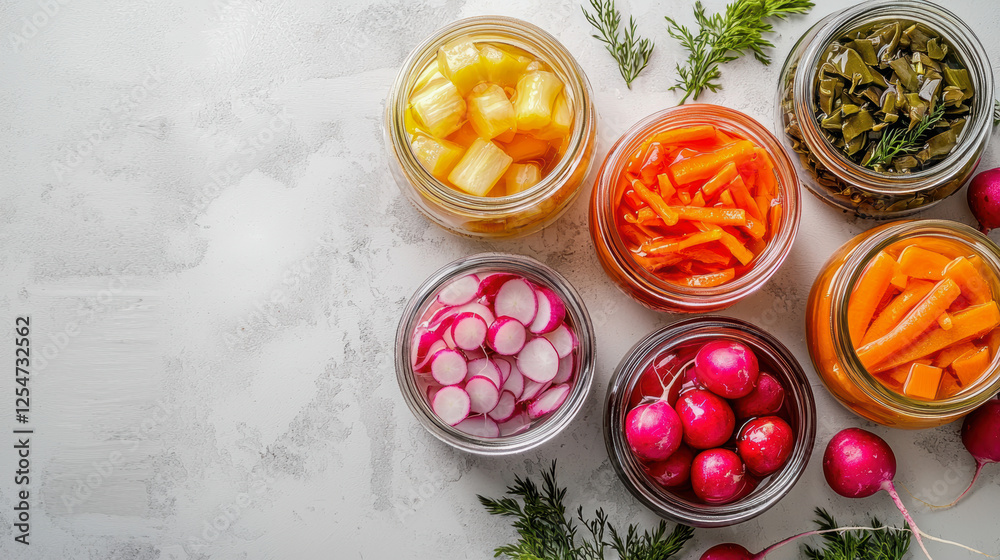 Assorted Pickled Vegetables in Glass Jars on White Background Assorted Pickled Vegetables in Glass Jars on White Background
