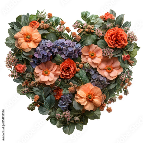 Heart-shaped floral arrangement with peach roses, anemones, and hydrangeas, isolated on black background.