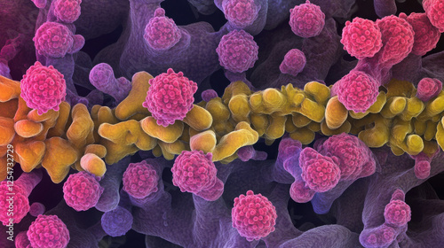 Close-up Visual Representation of Colorful Bacterial Structure with Complex Shapes and Textures in Vibrant Colors Depicting Microbial Diversity and Interaction