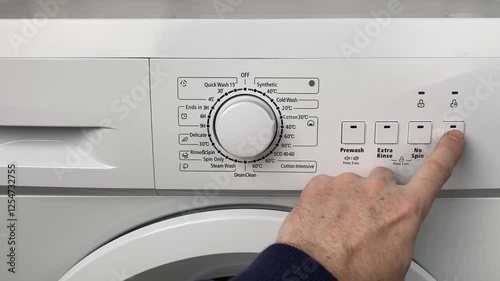 Close-up of the control panel of a modern washing machine white color. Circle selector for choosing the washing mode.