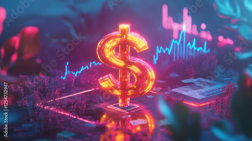 Vibrant Neon Dollar Sign Surrounded by Financial Charts and Digital Elements Showcasing Modern Economy and Investment Trends in a Futuristic Setting