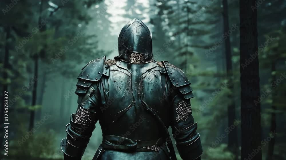 Back view of a lonesome warrior marches in full body armor, helmet through the forest
Back view of a lonesome warrior marches in full body armor, helmet through the forest