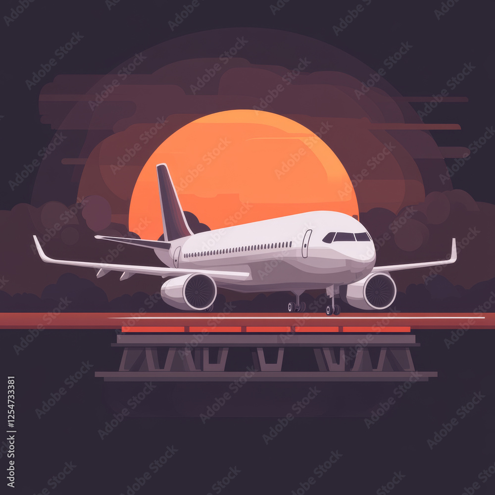Airplane on runway at sunset with dramatic sky Airplane on runway at sunset with dramatic sky
