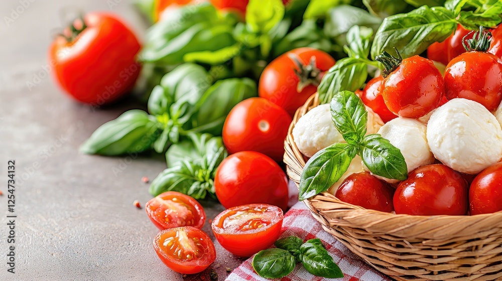 Fresh Tomatoes, Mozzarella, Basil in Basket Fresh Tomatoes, Mozzarella, Basil in Basket