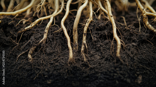 Close-up View of Organic Roots Exposing Soil Layers, Showcasing the Intricate Network of Plant Life and the Essential Role of Roots in Soil Health and Growth