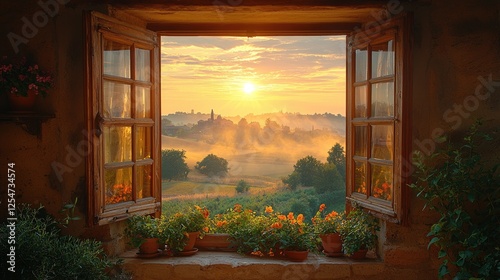 Serene sunrise view from a rustic window, showcasing vibrant flowers and misty landscape