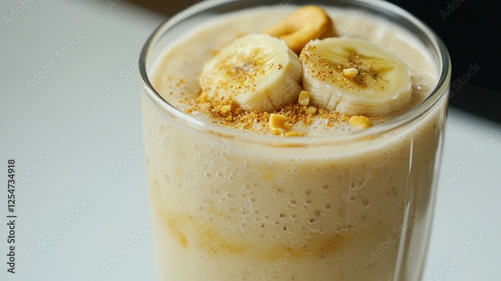 A creamy banana smoothie topped with slices of banana and crunchy granola, served in a clear glass. A creamy banana smoothie topped with slices of banana and crunchy granola, served in a clear glass.
