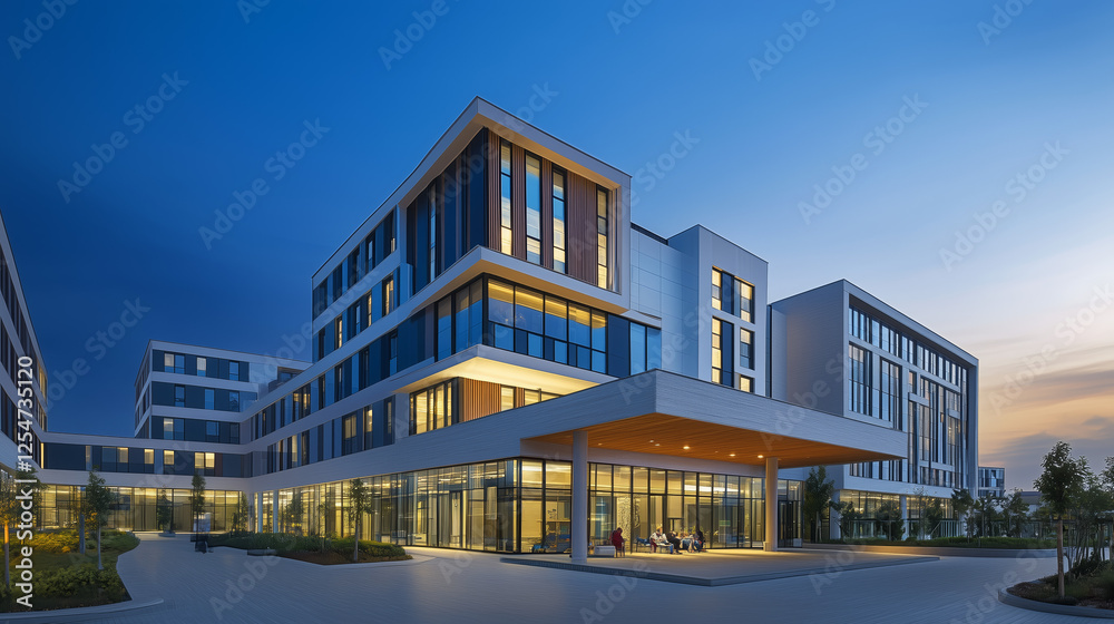 Modern hospital building exterior at dusk with illuminated windows Modern hospital building exterior at dusk with illuminated windows
