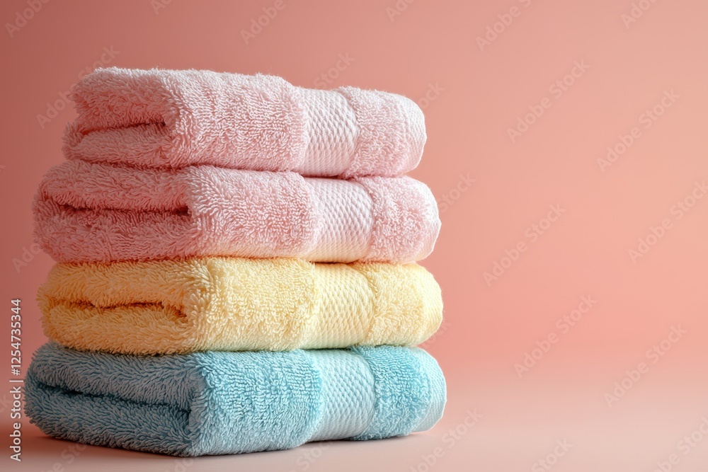 Soft pastel-colored towels displayed neatly modern bathroom photography minimalistic environment close-up view home decor inspiration Soft pastel-colored towels displayed neatly modern bathroom photography minimalistic environment close-up view home decor inspiration