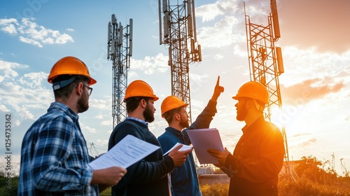 Team of engineers discussing telecommunications tower installation at sunset with safety helmets and blueprints engaged in project planning and collaboration