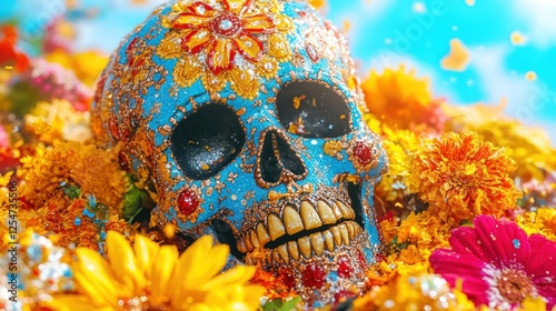 Day of the Dead Offering: Traditional Mexican Altar with Decorative Items and Candles photo