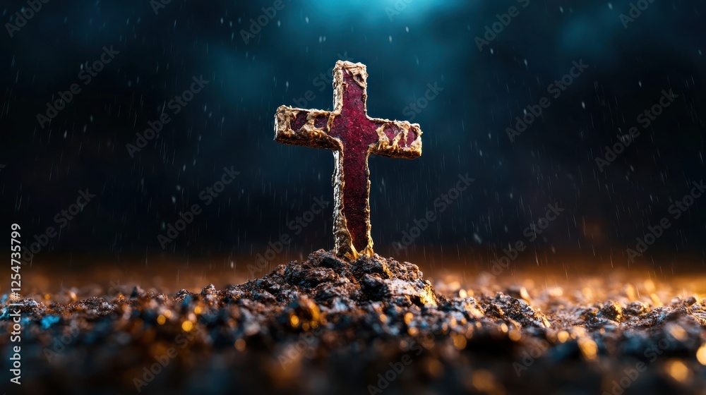 Fototapeta premium Apocalyptic Judgment: Christian Cross on Devastated Land in Dark Storm - End of World and Planet Earth Destruction Concept - AI Generative