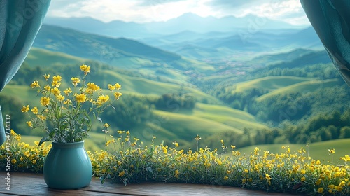 Scenic view of rolling green hills and vibrant flowers from a window with curtains
