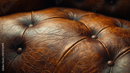 Close-up of a vintage brown leather sofa with detailed texture and button tufting