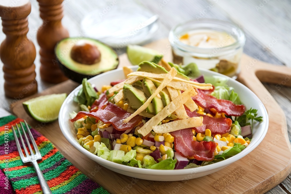 A bowl of salad with bacon, corn, and avocado A bowl of salad with bacon, corn, and avocado