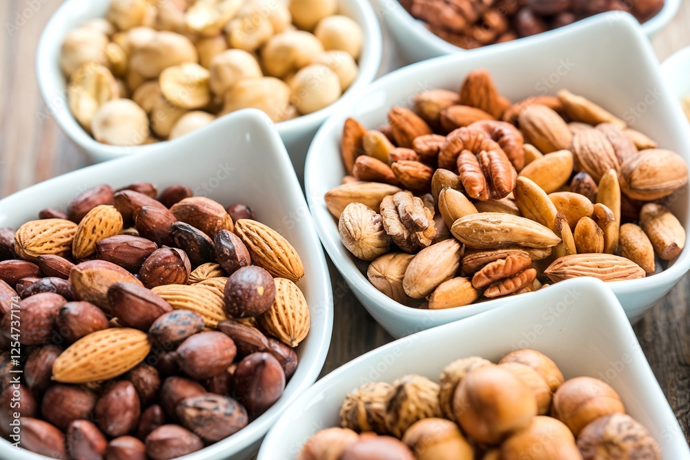 A variety of nuts are displayed in white bowls A variety of nuts are displayed in white bowls
