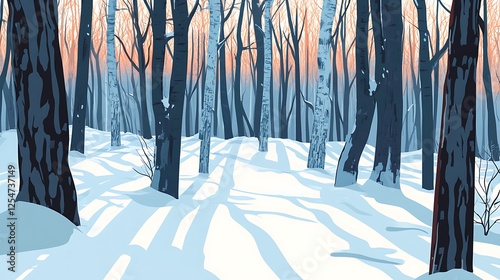 Snowy Winter Forest Scene With Tall Trees