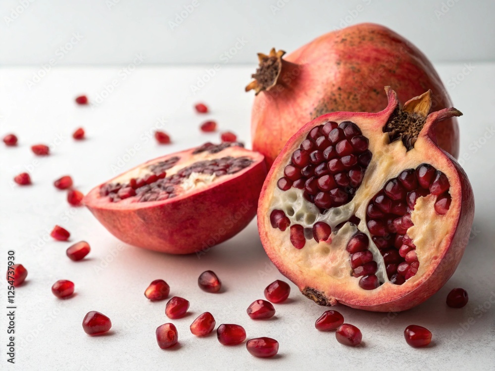 a pomegranate, both whole and halved, with its ruby red seeds exposed, against a white background a pomegranate, both whole and halved, with its ruby red seeds exposed, against a white background