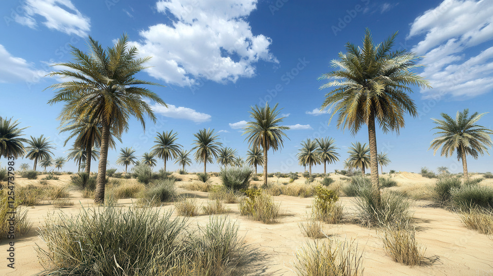 Serene desert oasis palm trees sway gently in warm breeze, conveying tranquility Serene desert oasis palm trees sway gently in warm breeze, conveying tranquility