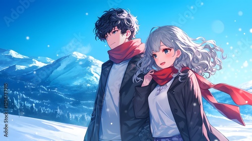 Young couple smiling happily at the camera, wearing winter with black hair and blue eyes, and scarves around their necks, Generative AI photo